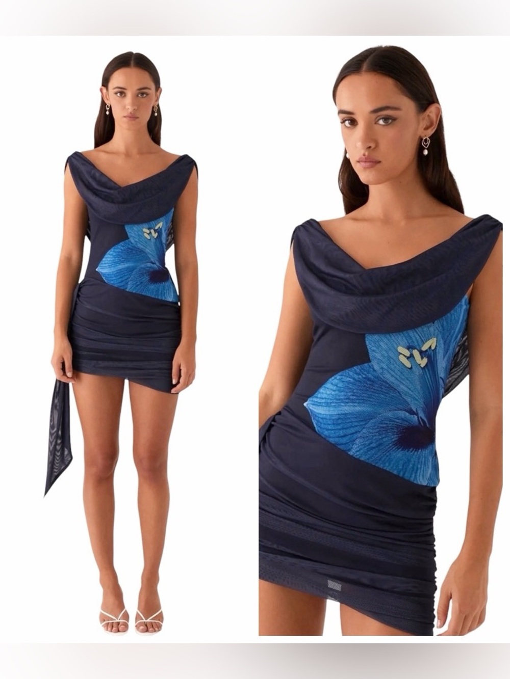 PepperMayo Good Fortune Navy Blue Floral Off-Shoulder Mini Dress Sz 12